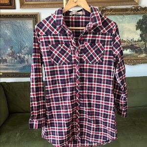 Red and Blue Plaid Button-Up Flannel Tunic